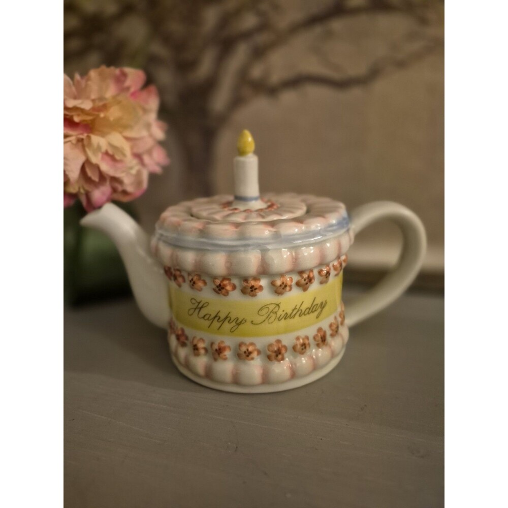 Ceramic Happy Birthday Cake Mini Tea Pot, Andrea By Sadek